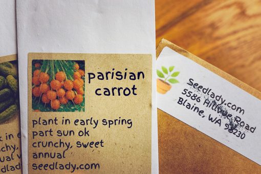 Photo of envelope label from Seed Lady and Parisian Carrot seed packet