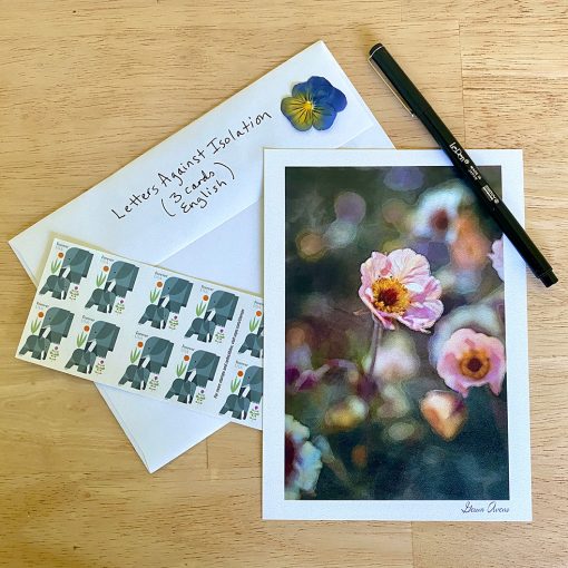 Geum Avens gratitude card with even lope that says "Letters Against Isolation" with le pen and elephant forever stamps
