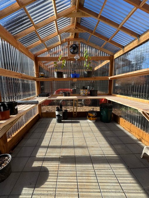 Sunshine lights up the floor and interior of a brand new greenhouse.